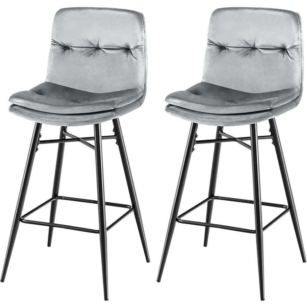 Tufted Back Bar Stool Set of 2 - Grey, Velvet