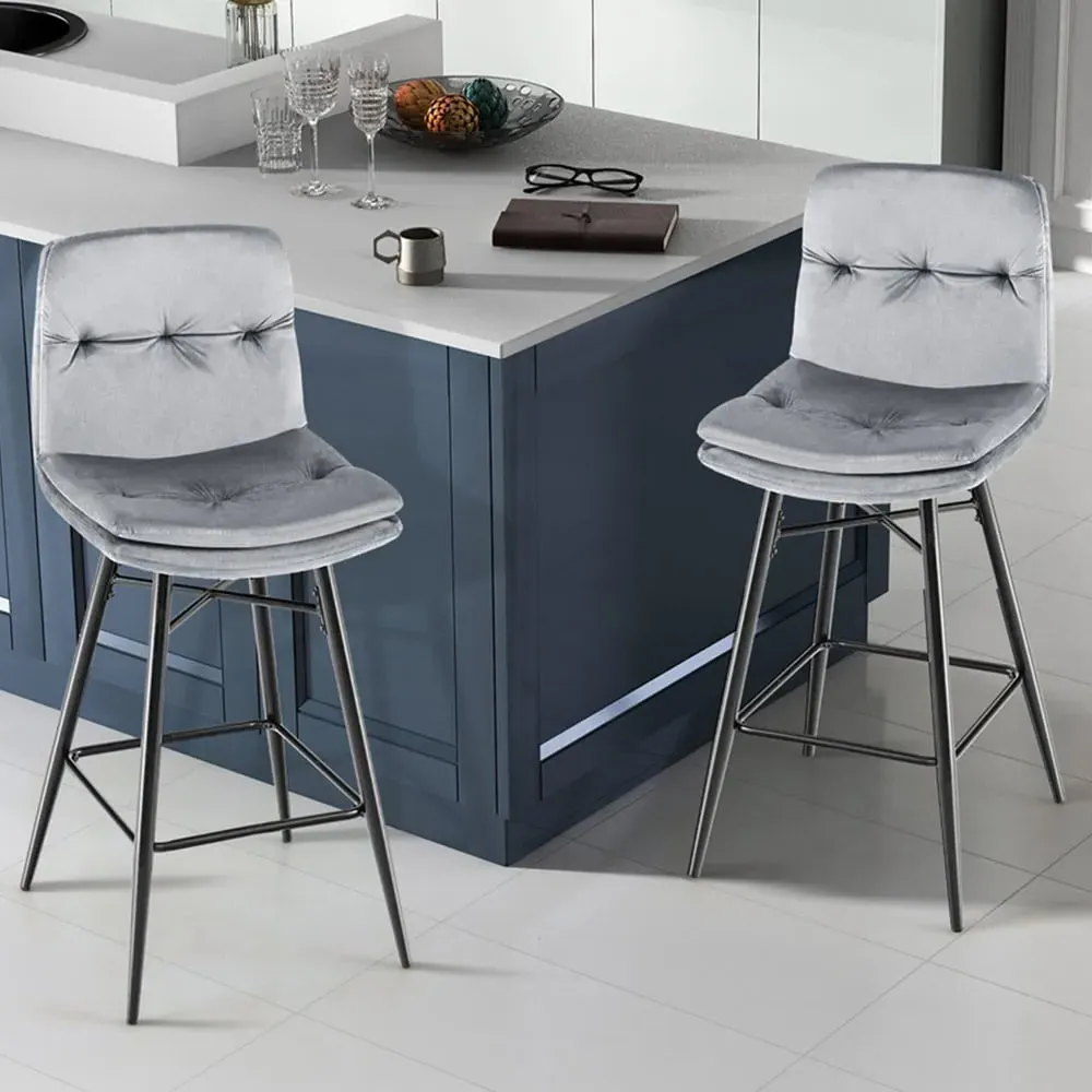 Tufted Back Bar Stool Set of 2 - Grey, Velvet image