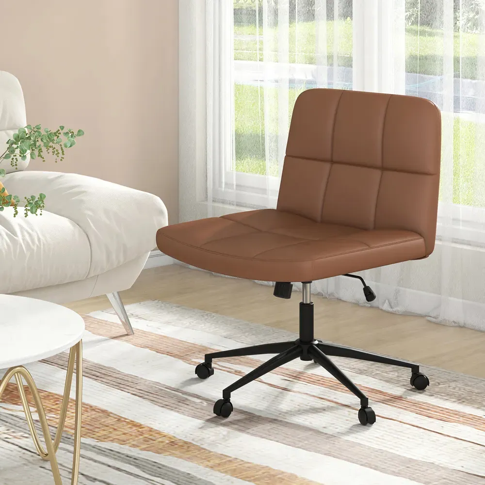 U-Shaped Armless Office Chair - Brown, PU Leather
