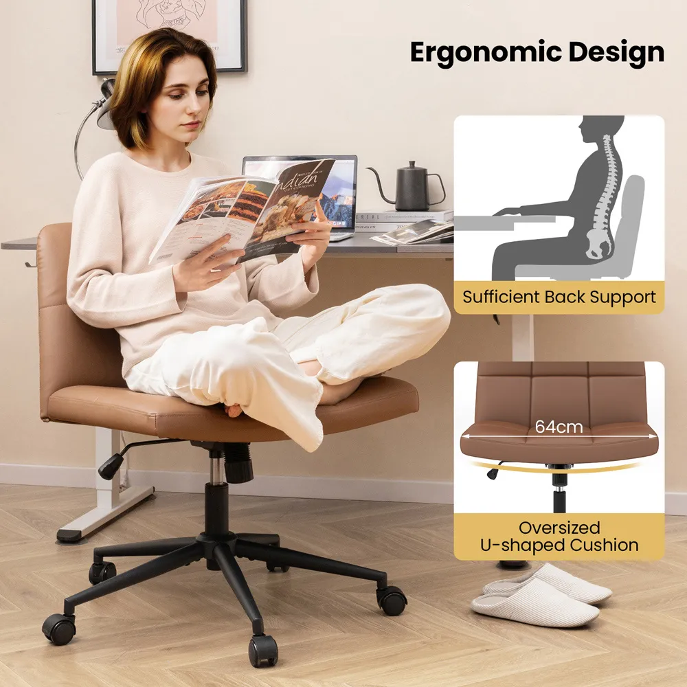 U-Shaped Armless Office Chair - Brown, PU Leather