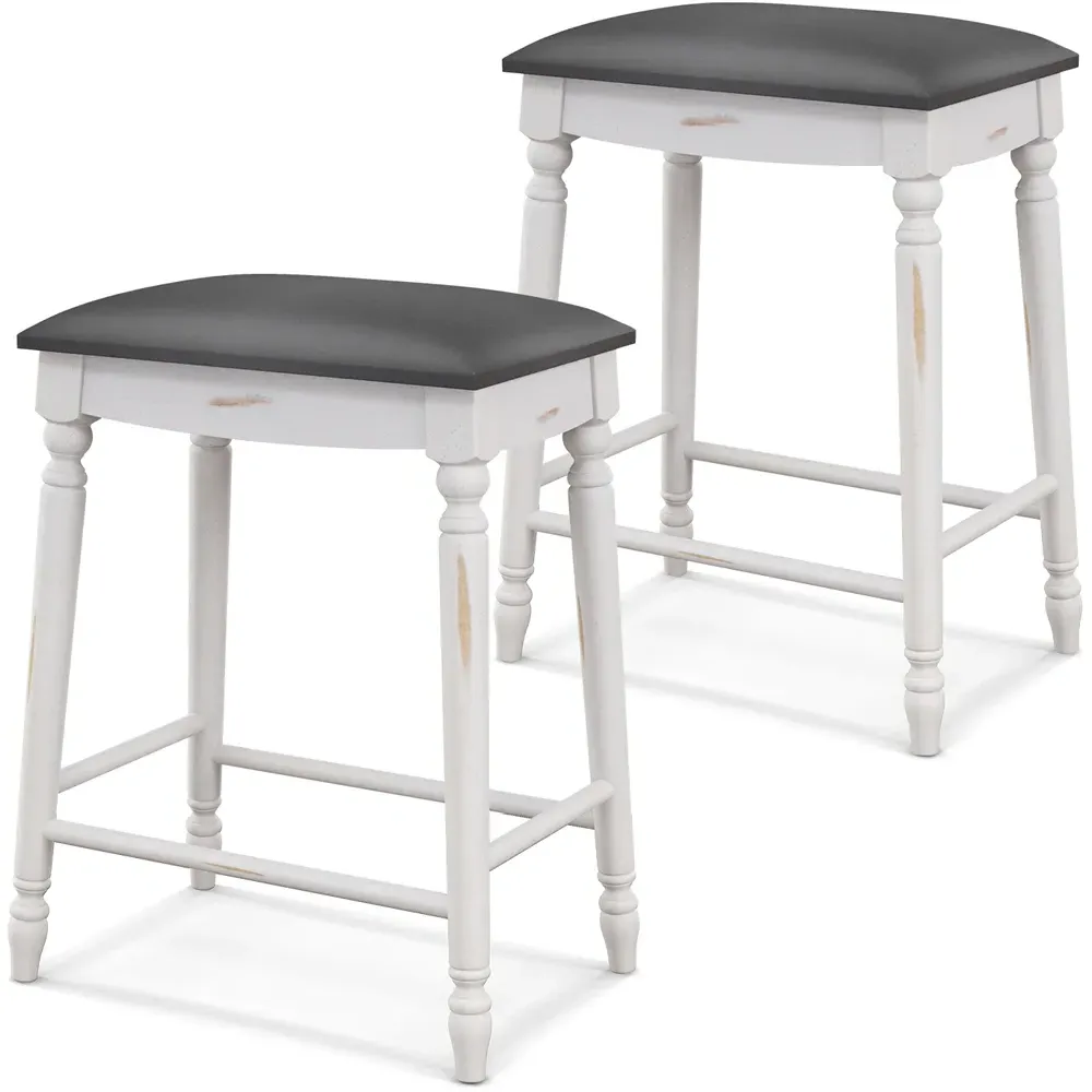 Upholstered Bar Stool Set of 2 - White, Rubber Wood