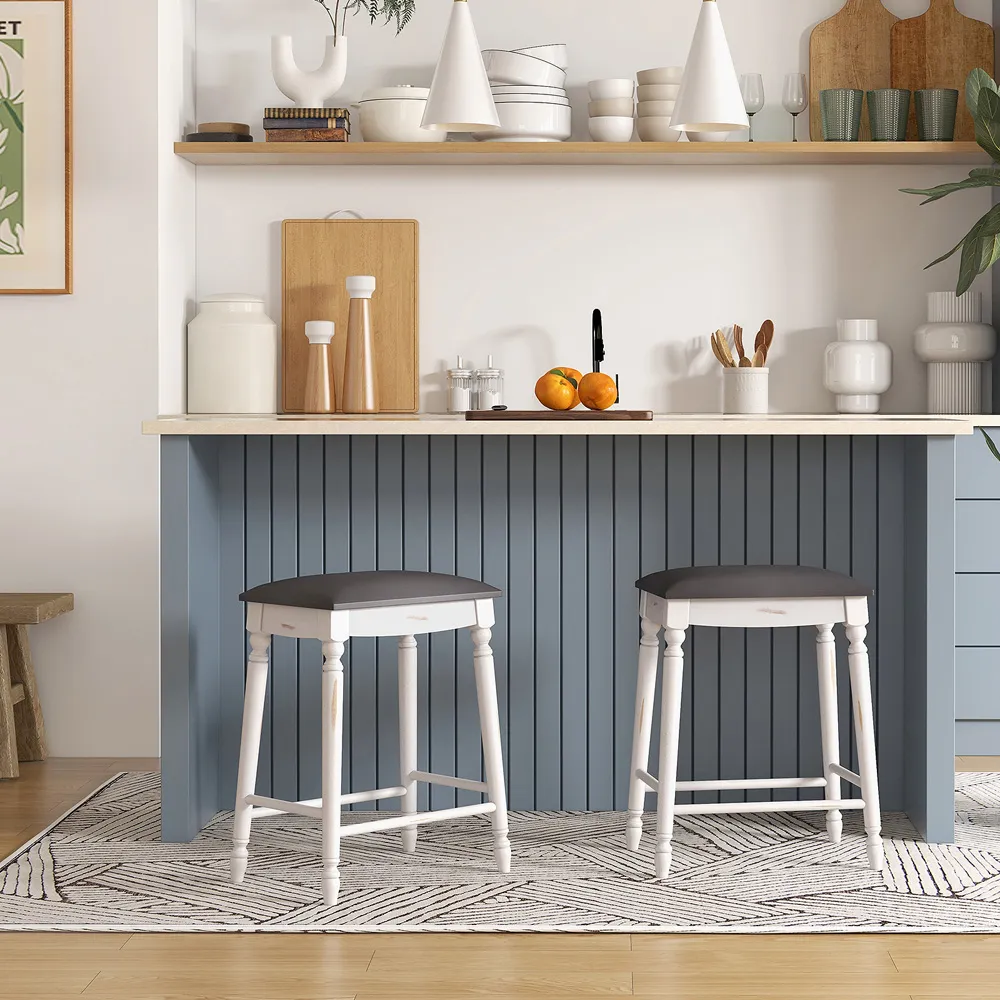 Upholstered Bar Stool Set of 2 - White, Rubber Wood