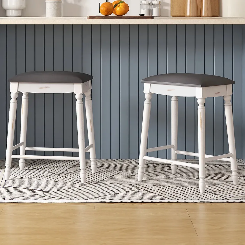 Upholstered Bar Stool Set of 2 - White, Rubber Wood