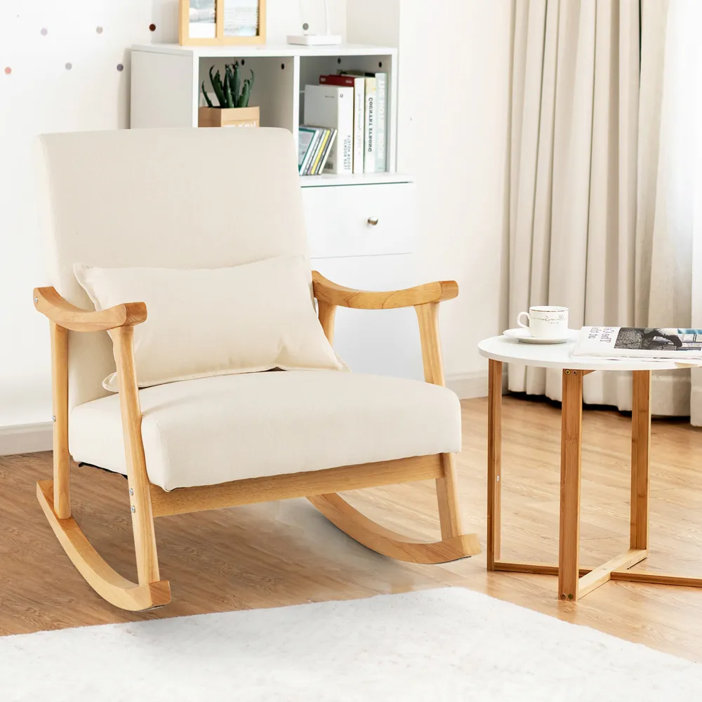 Upholstered Rocking Chair - Beige, Rubber Wood