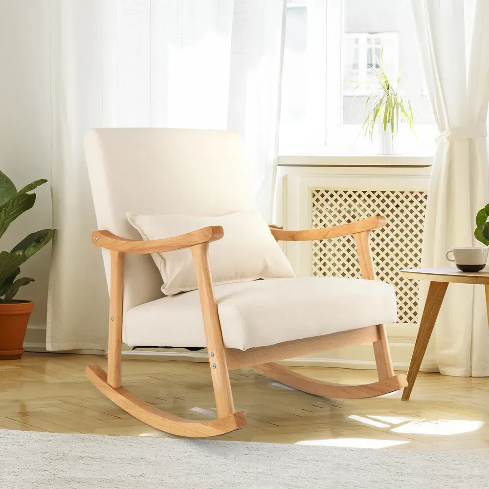 Upholstered Rocking Chair - Beige, Rubber Wood