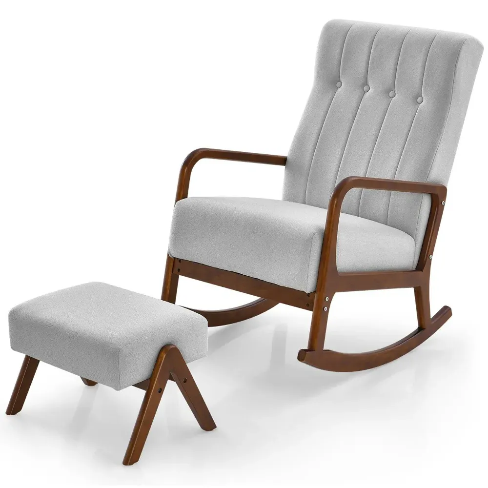 Upholstered Rocking Chair with Ottoman - Grey, Cotton Linen