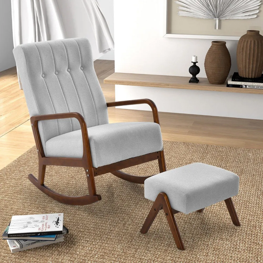 Upholstered Rocking Chair with Ottoman - Grey, Cotton Linen