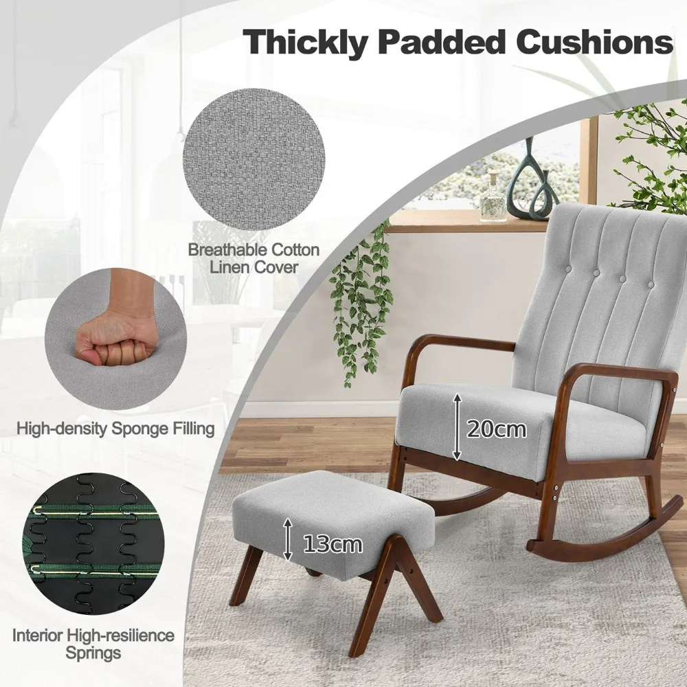 Upholstered Rocking Chair with Ottoman - Grey, Cotton Linen