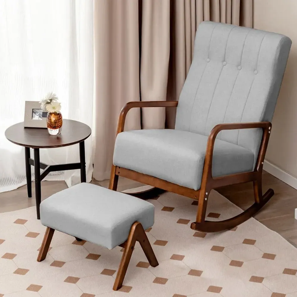 Upholstered Rocking Chair with Ottoman - Grey, Cotton Linen
