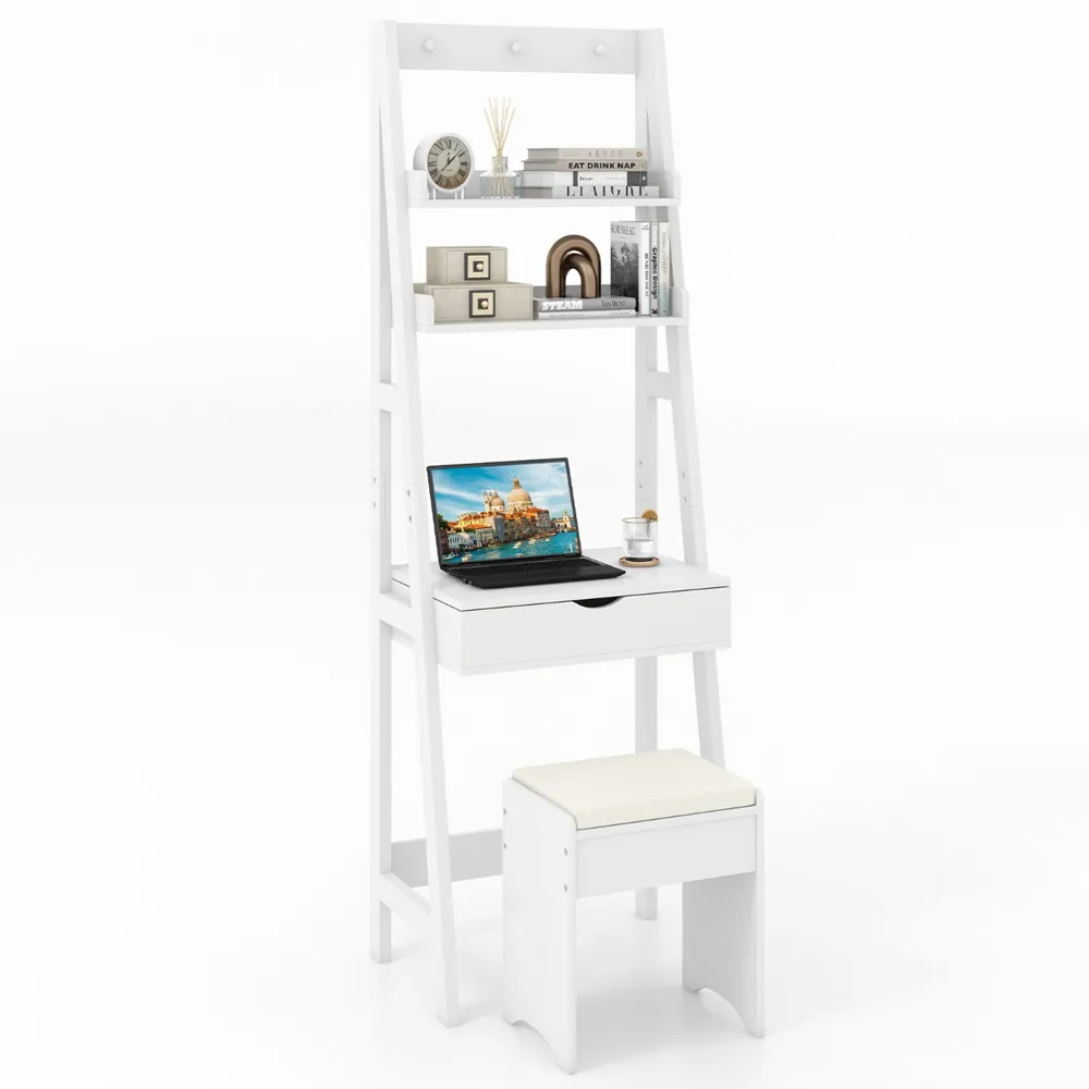 Vanity Desk Set with Flip Top Mirror and Hooks - White
