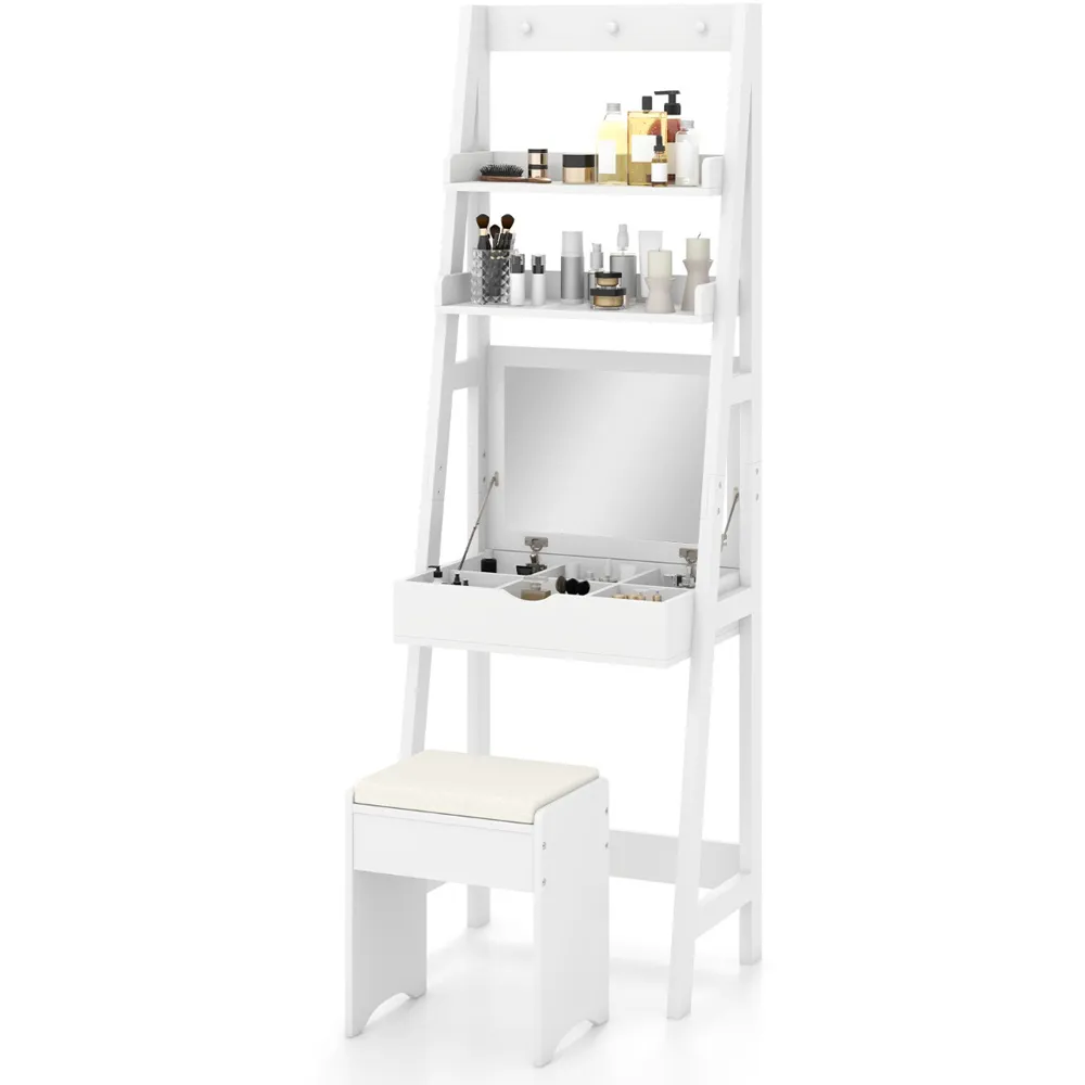 Vanity Desk Set with Flip Top Mirror and Hooks - White