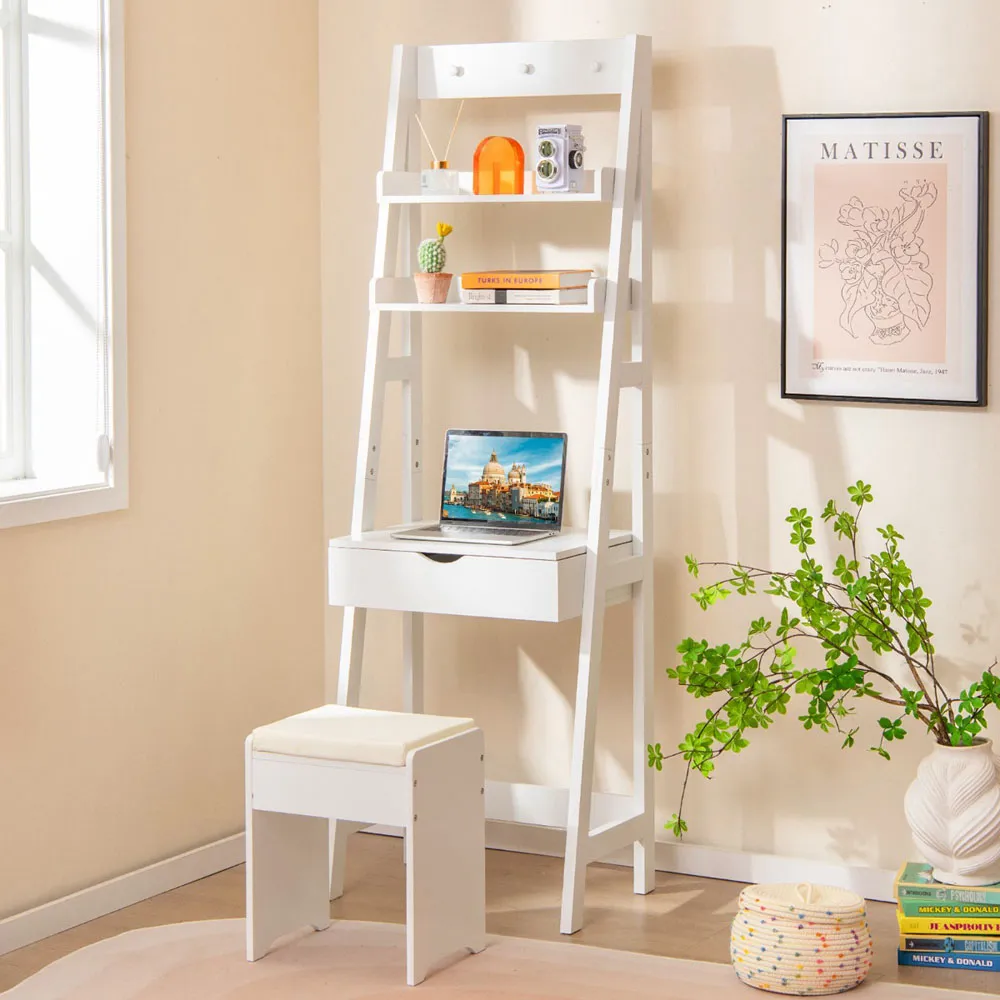 Vanity Desk Set with Flip Top Mirror and Hooks - White