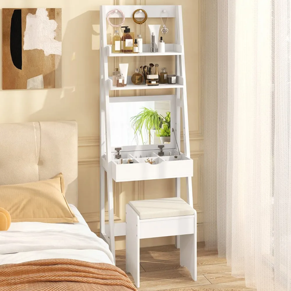 Vanity Desk Set with Flip Top Mirror and Hooks - White