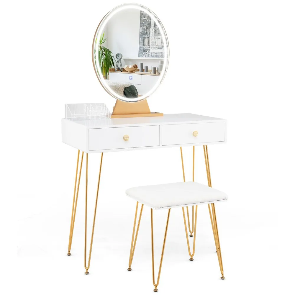 Vanity Desk Set with LED Mirror and Cushioned Stool - White