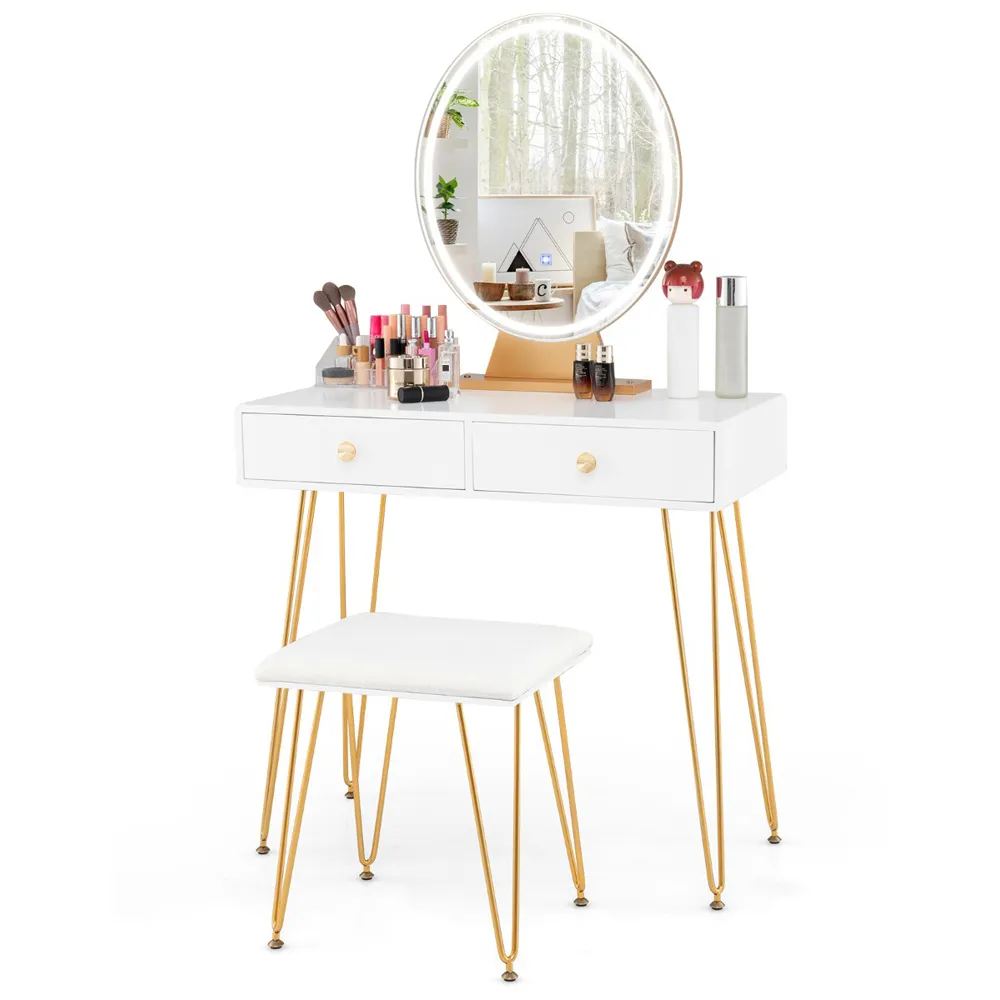 Vanity Desk Set with LED Mirror and Cushioned Stool - White