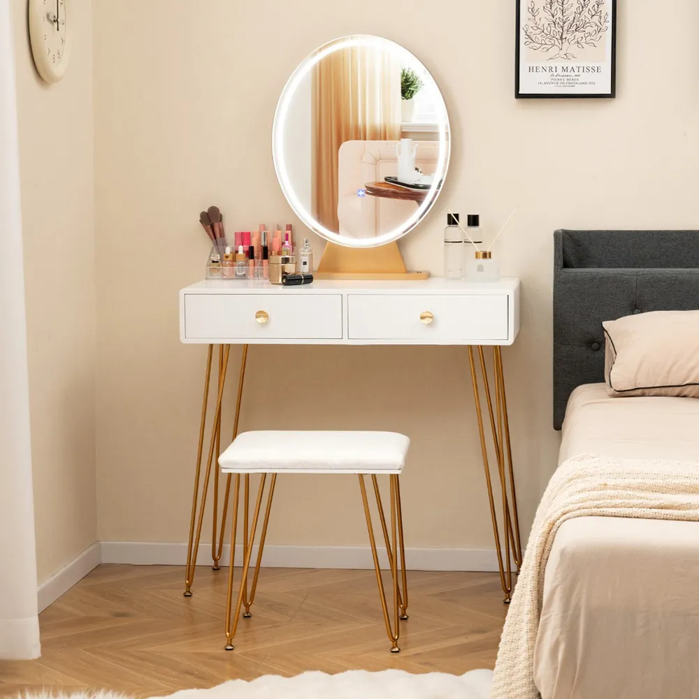 Vanity Desk Set with LED Mirror and Cushioned Stool - White