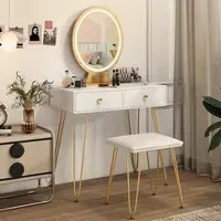 Vanity Desk Set with LED Mirror and Cushioned Stool - White