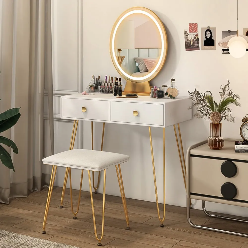 Vanity Desk Set with LED Mirror and Cushioned Stool - White