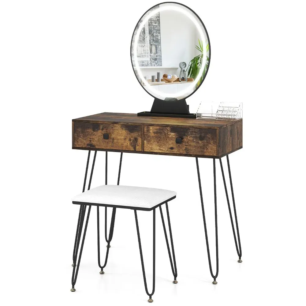 Vanity Desk Set with LED Mirror and Stool - Brown