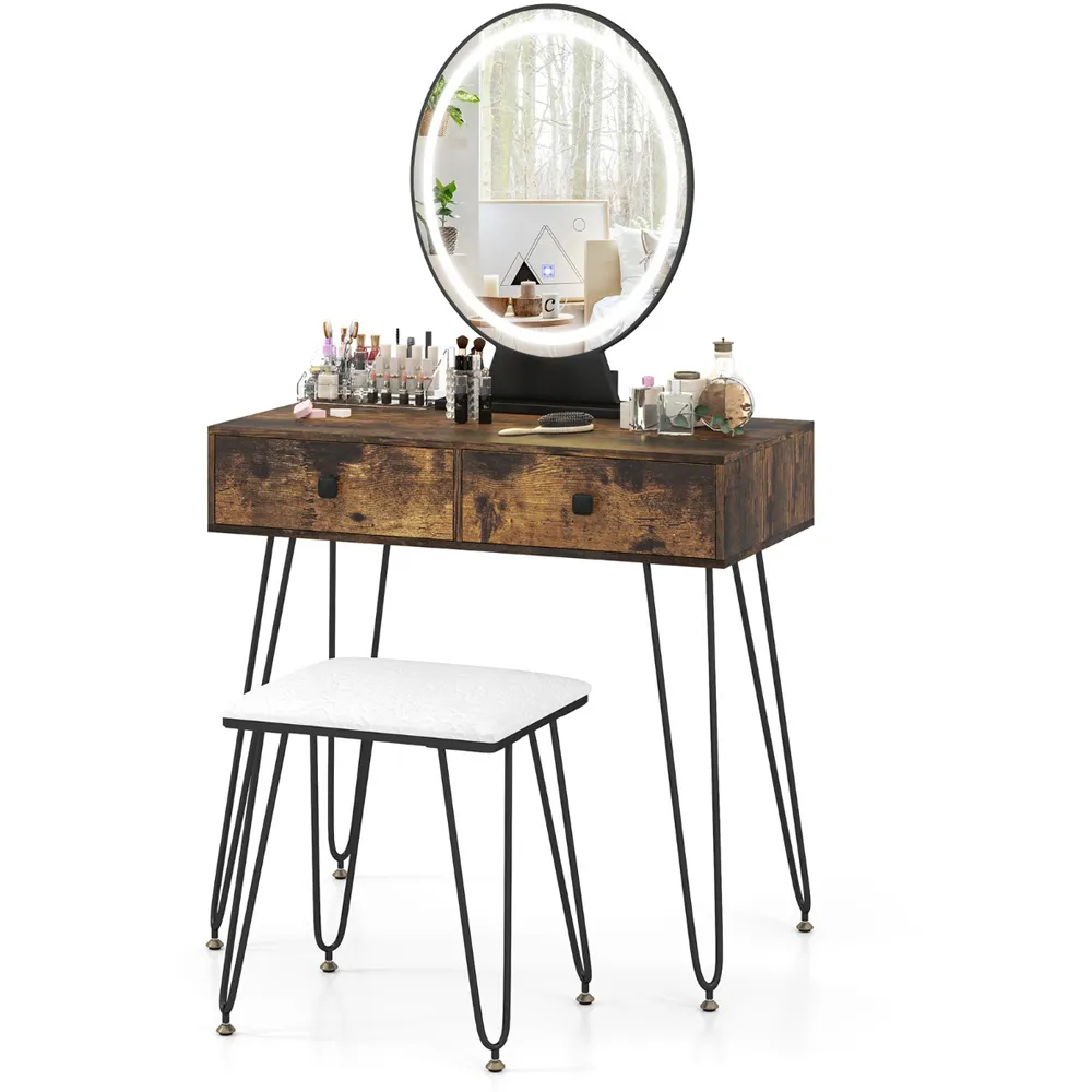 Vanity Desk Set with LED Mirror and Stool - Brown