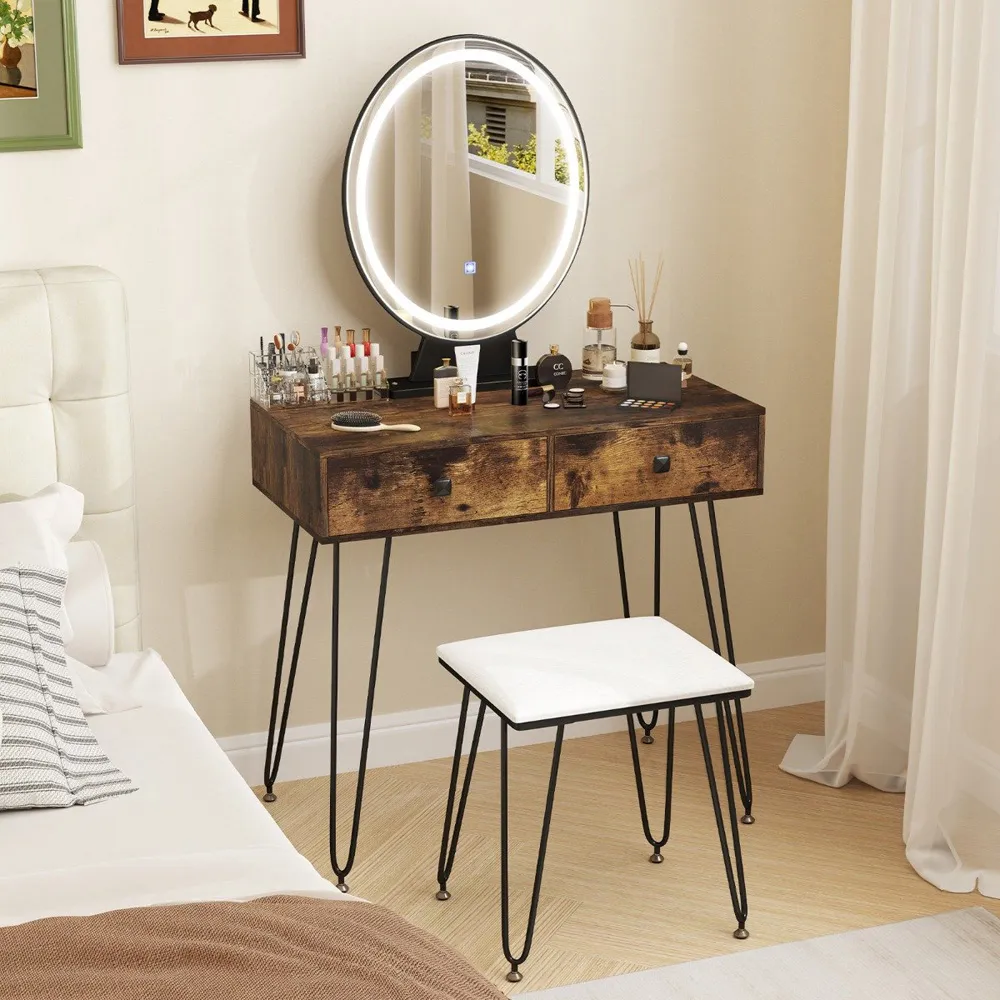 Vanity Desk Set with LED Mirror and Stool - Brown