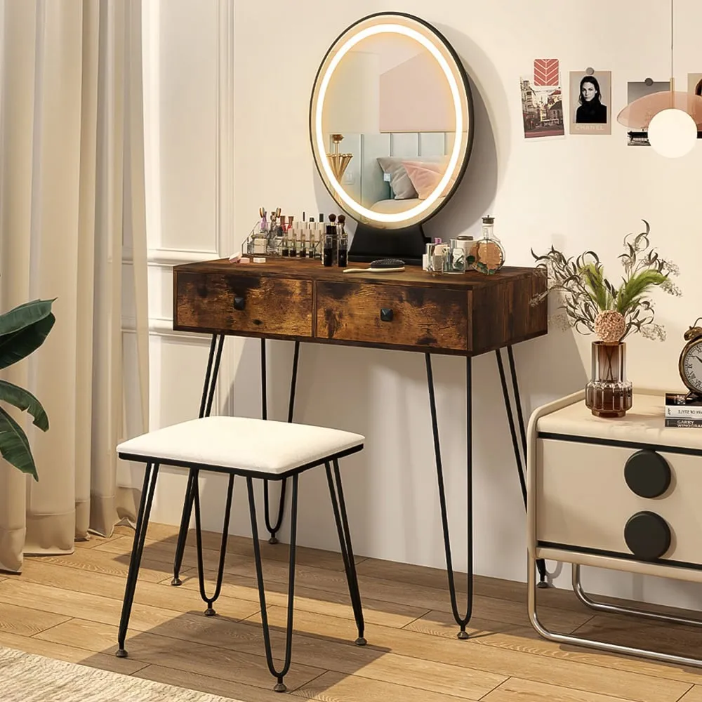 Vanity Desk Set with LED Mirror and Stool - Brown image