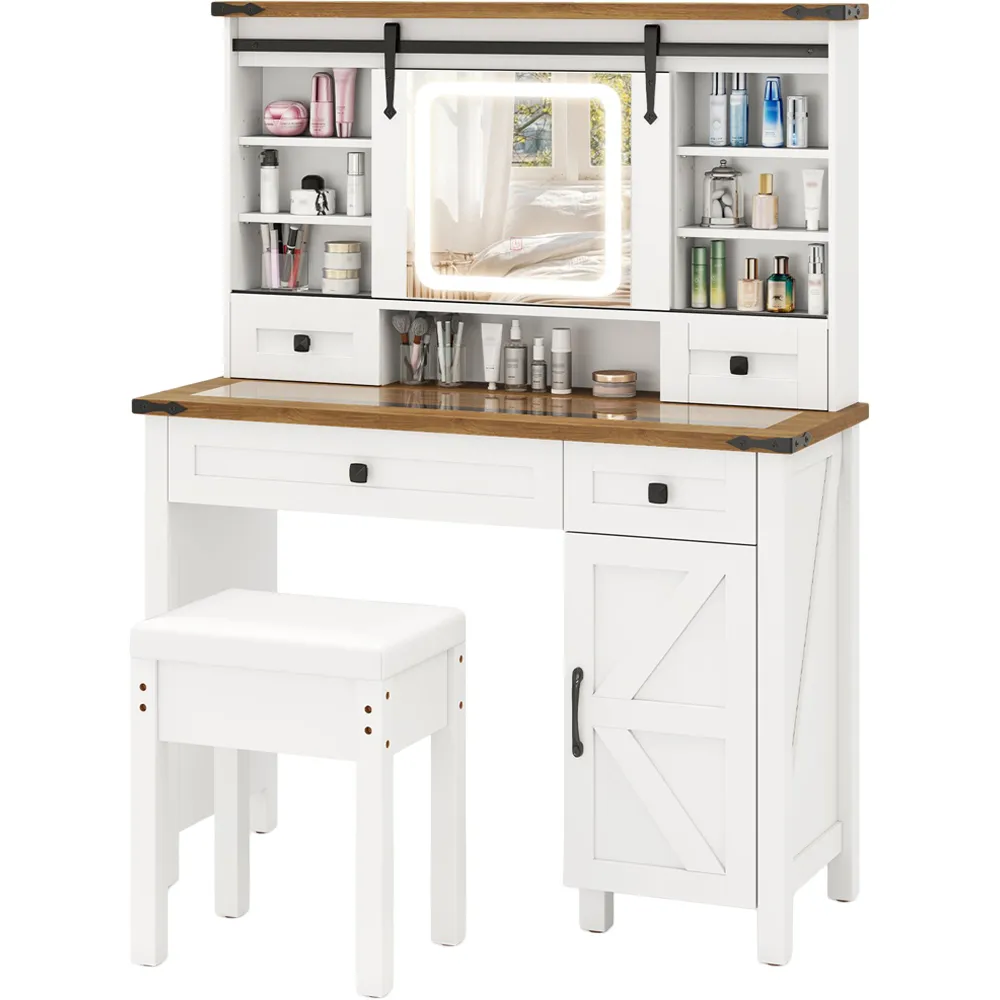 Vanity Desk Set with Sliding Mirror and Glass Top - White