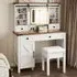 Vanity Desk Set with Sliding Mirror and Glass Top - White