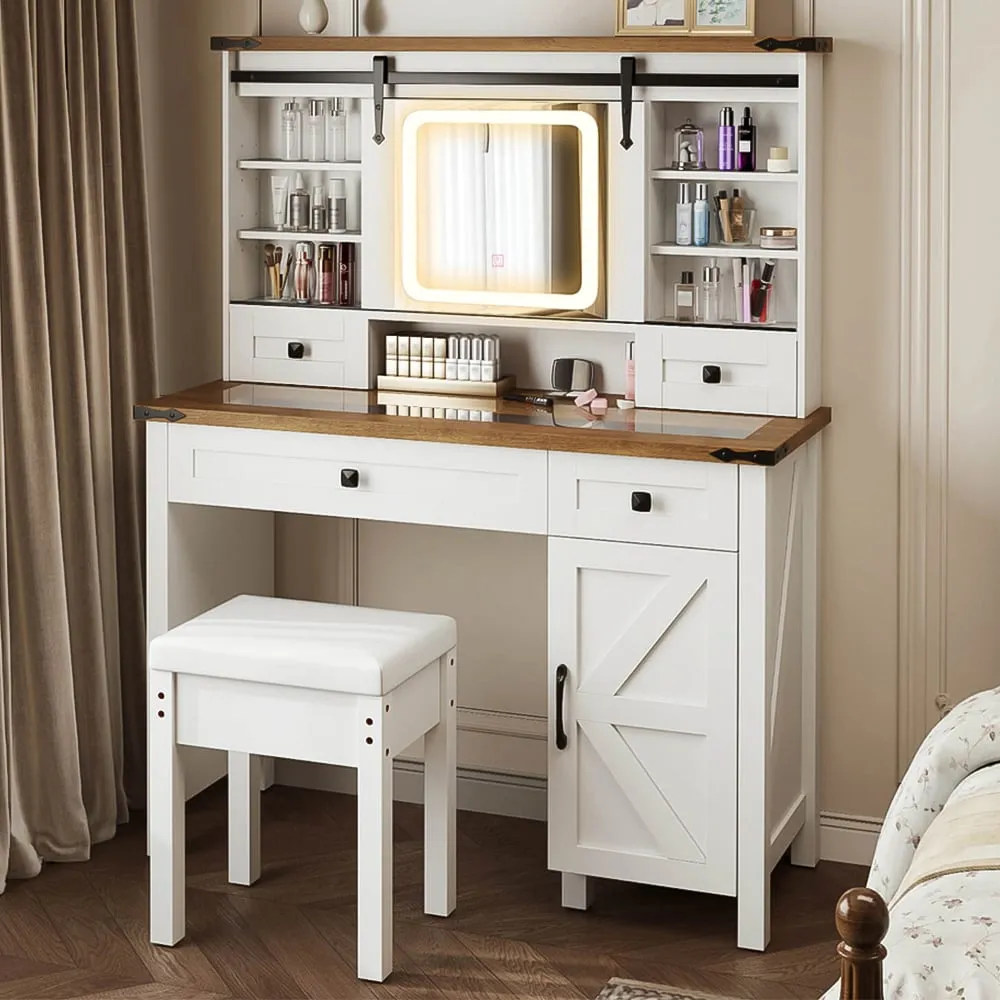 Vanity Desk Set with Sliding Mirror and Glass Top - White