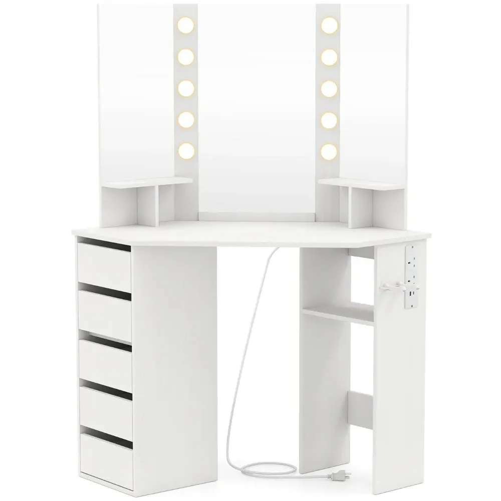 Vanity Desk with Lighted Mirror and Power Outlet - White