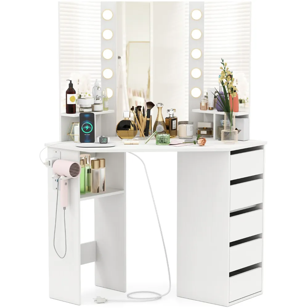 Vanity Desk with Lighted Mirror and Power Outlet - White