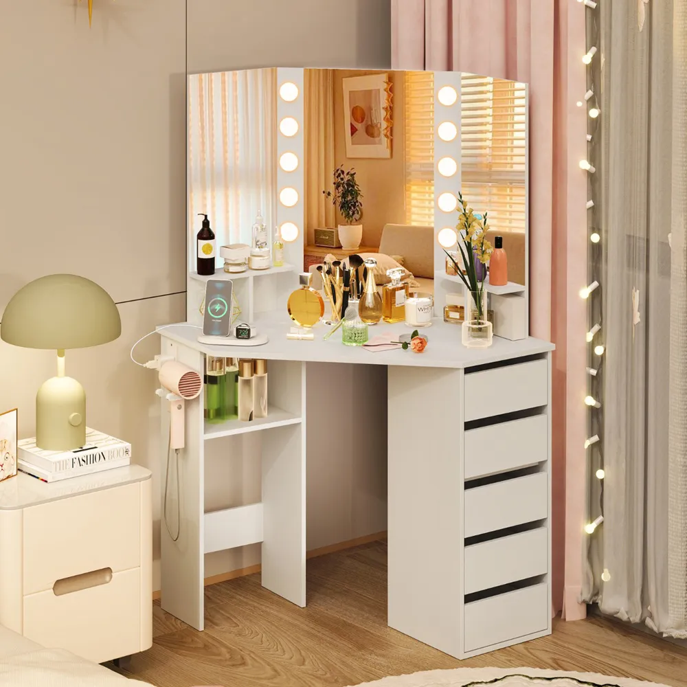 Vanity Desk with Lighted Mirror and Power Outlet - White