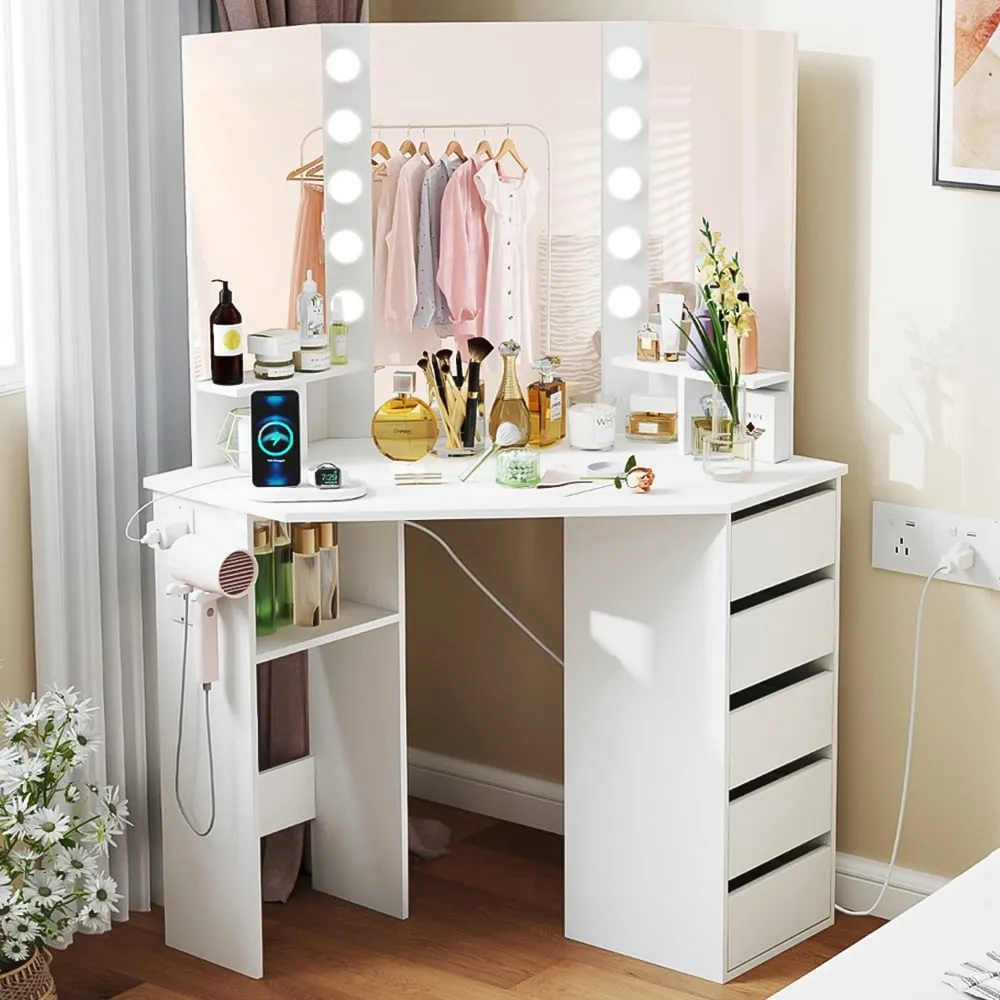 Vanity Desk with Lighted Mirror and Power Outlet - White