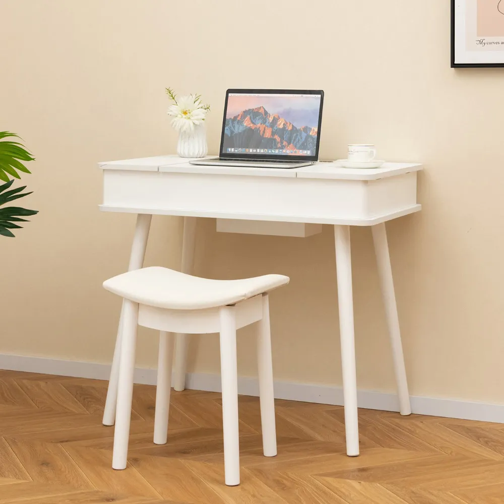 Vanity Dressing Table Set with Flip Top LED Mirror - White