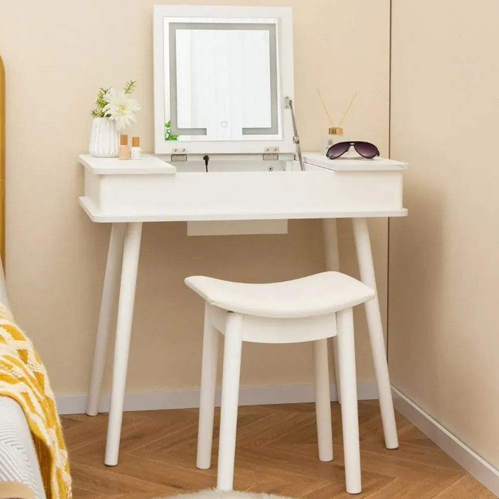 Vanity Dressing Table Set with Flip Top LED Mirror - White