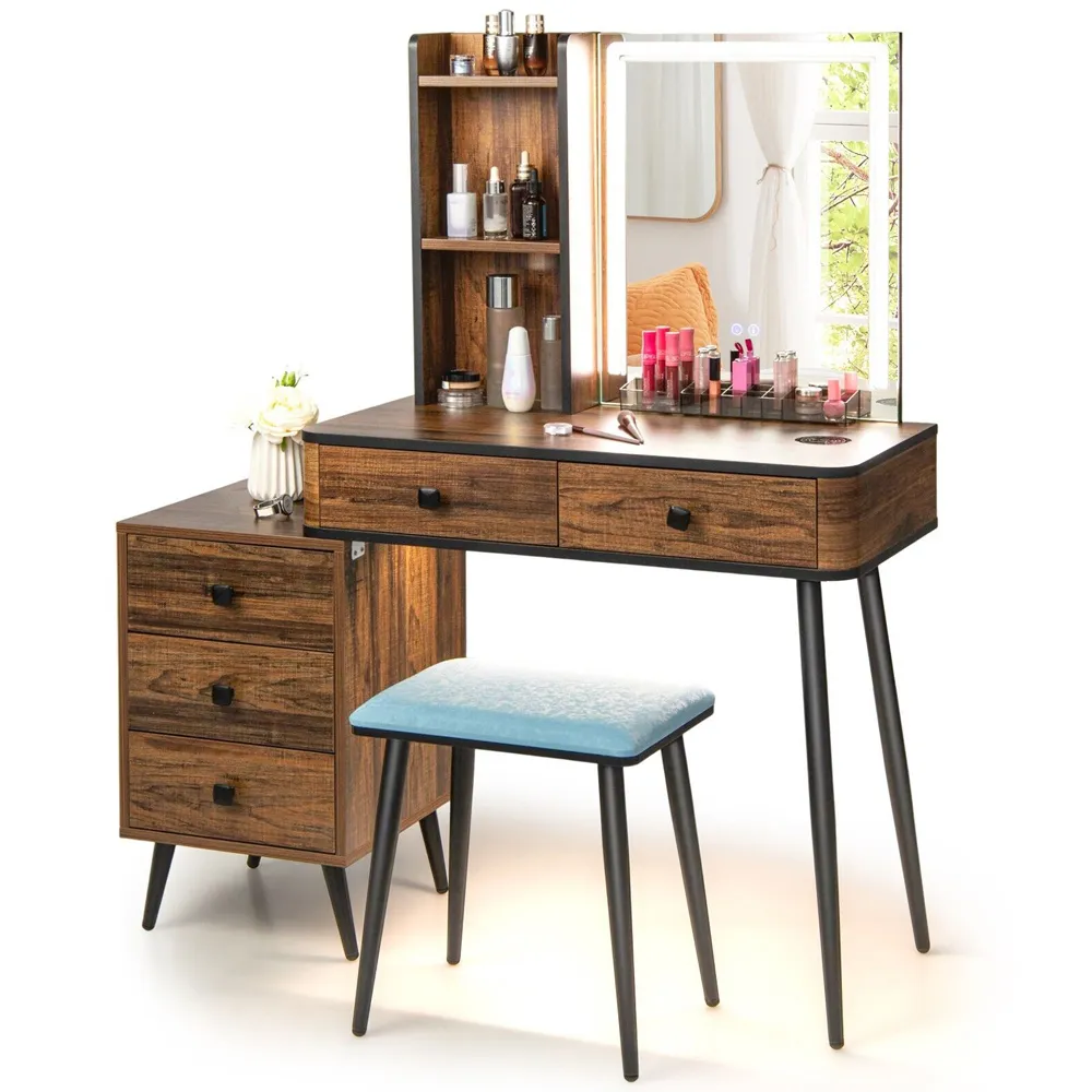 Vanity Dressing Table Set with LED Mirror and Charging Station - Brown