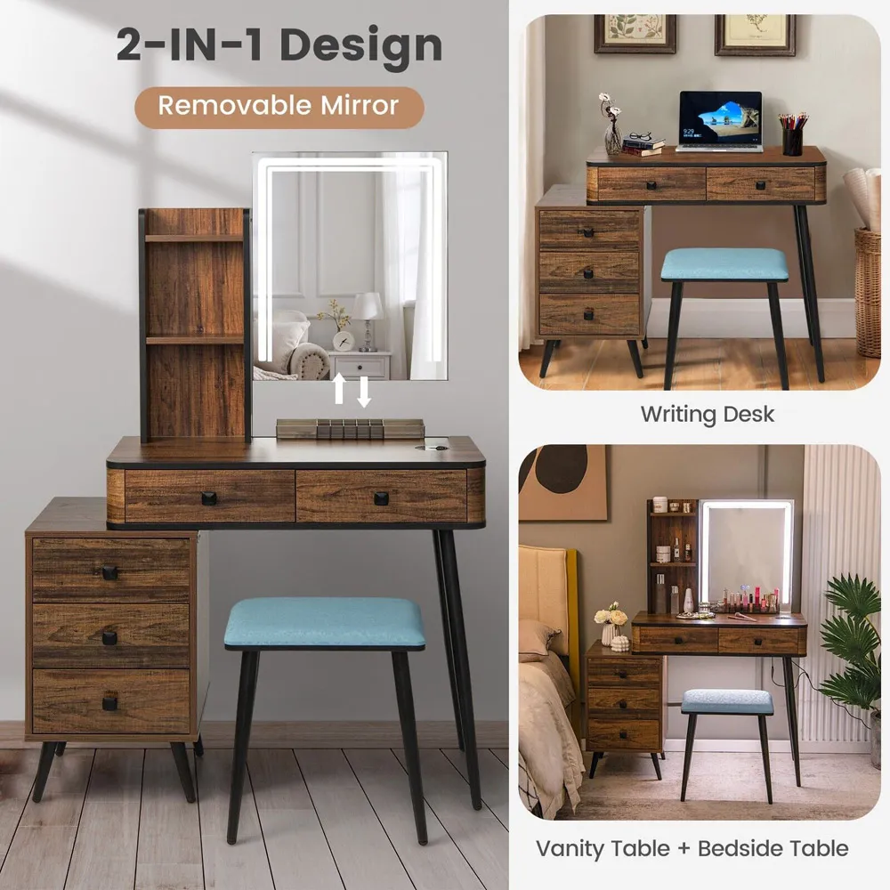 Vanity Dressing Table Set with LED Mirror and Charging Station - Brown
