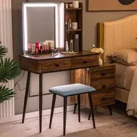 Vanity Dressing Table Set with LED Mirror and Charging Station - Brown