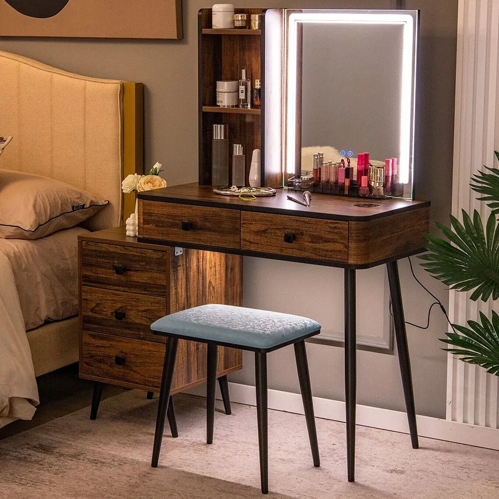 Vanity Dressing Table Set with LED Mirror and Charging Station - Brown