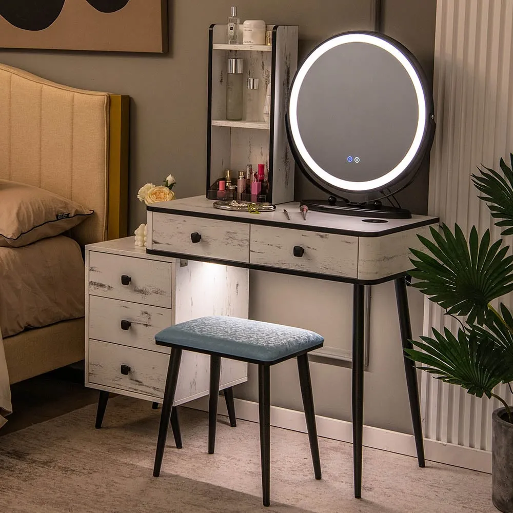 Vanity Table Set with Round LED Mirror - White image