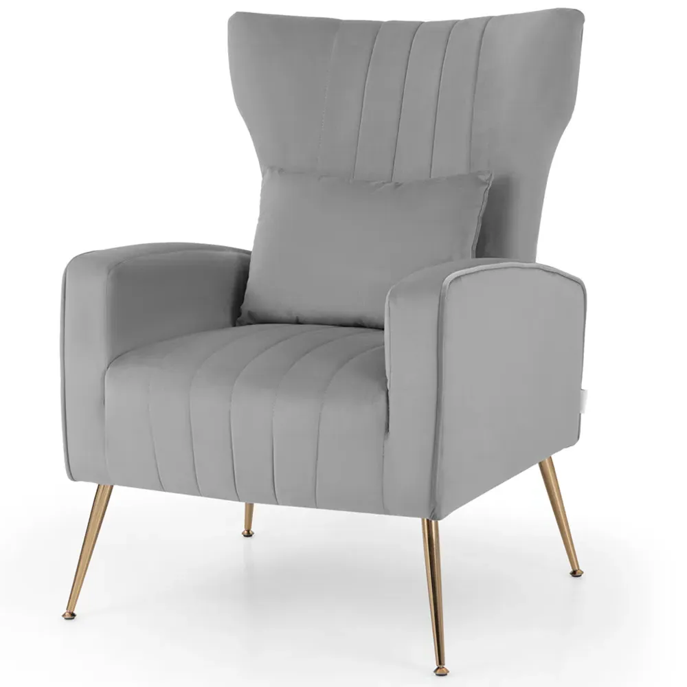 Velvet Upholstered Wingback Chair with Lumbar Pillow - Grey