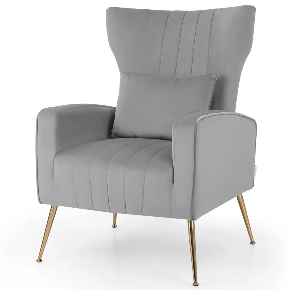 Velvet Upholstered Wingback Chair with Lumbar Pillow - Grey