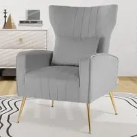 Velvet Upholstered Wingback Chair with Lumbar Pillow - Grey
