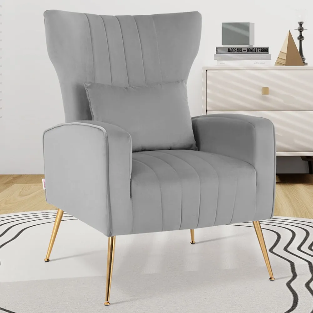 Velvet Upholstered Wingback Chair with Lumbar Pillow - Grey