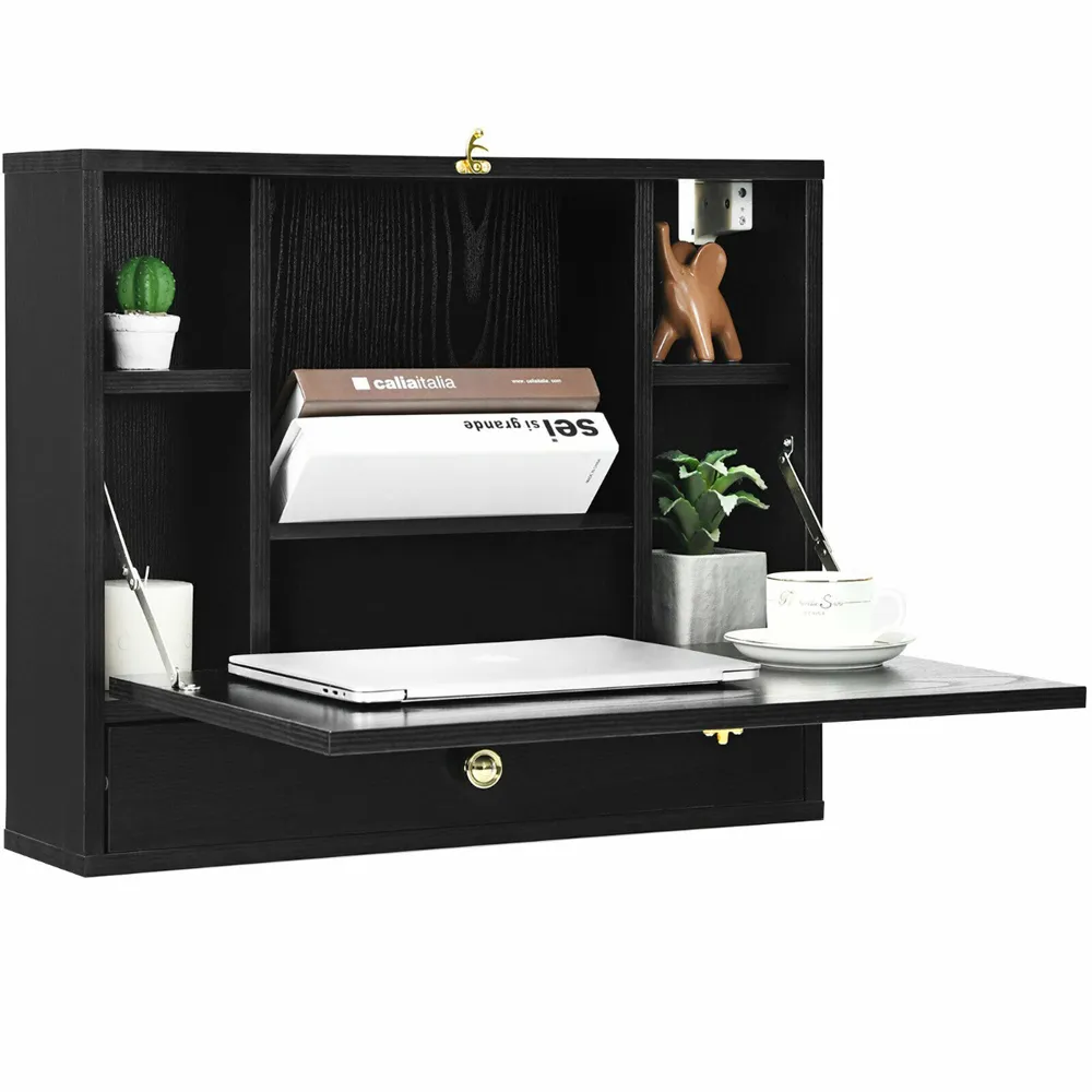 Wall Mounted Foldable Wooden Cabinet with Desk - Black