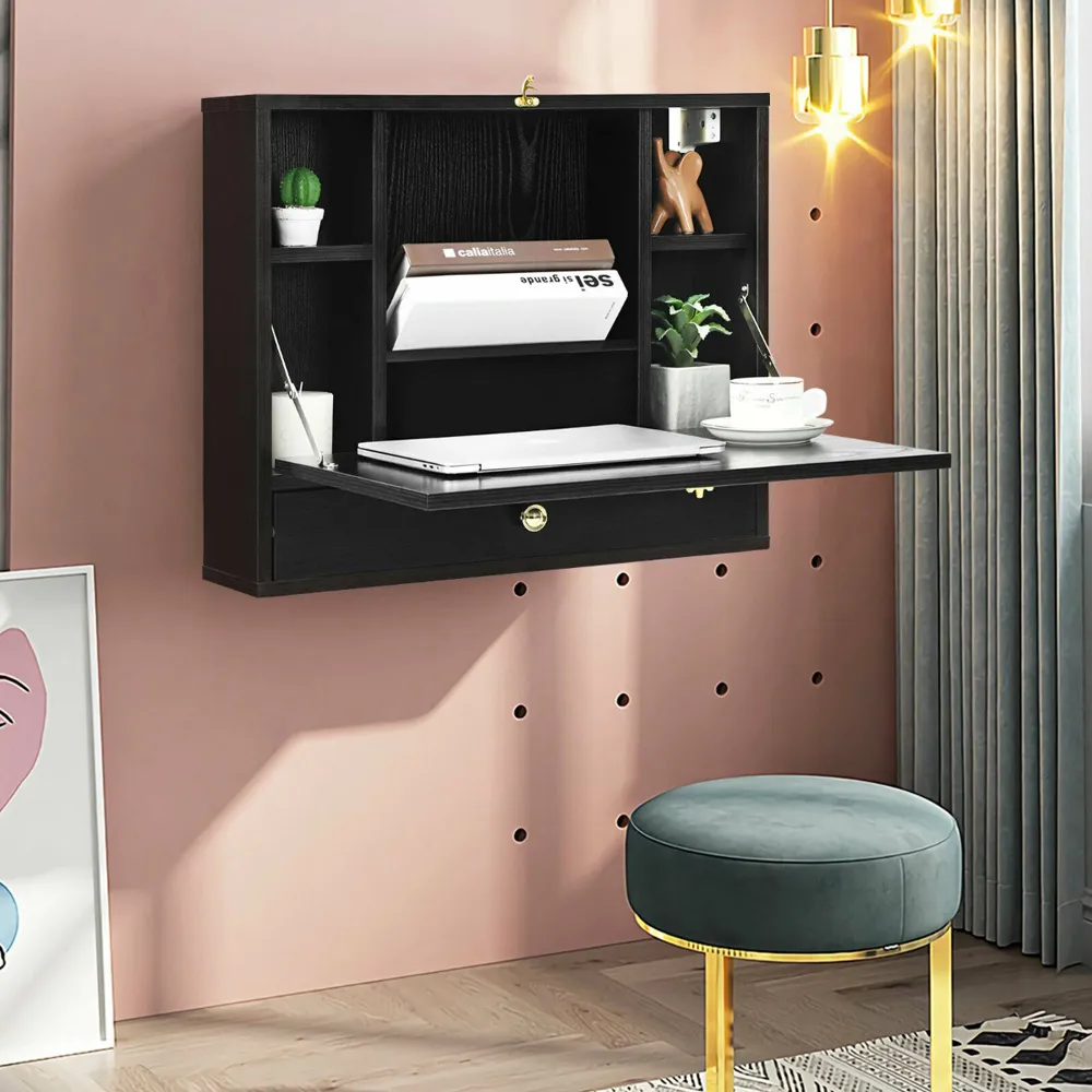 Wall Mounted Foldable Wooden Cabinet with Desk - Black