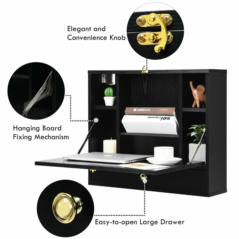 Wall Mounted Foldable Wooden Cabinet with Desk - Black