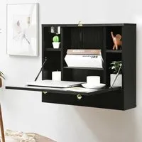 Wall Mounted Foldable Wooden Cabinet with Desk - Black