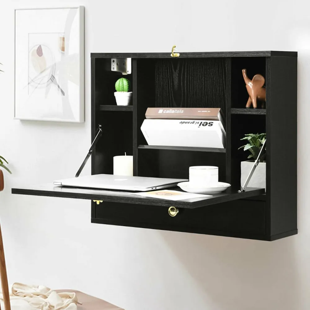 Wall Mounted Foldable Wooden Cabinet with Desk - Black image