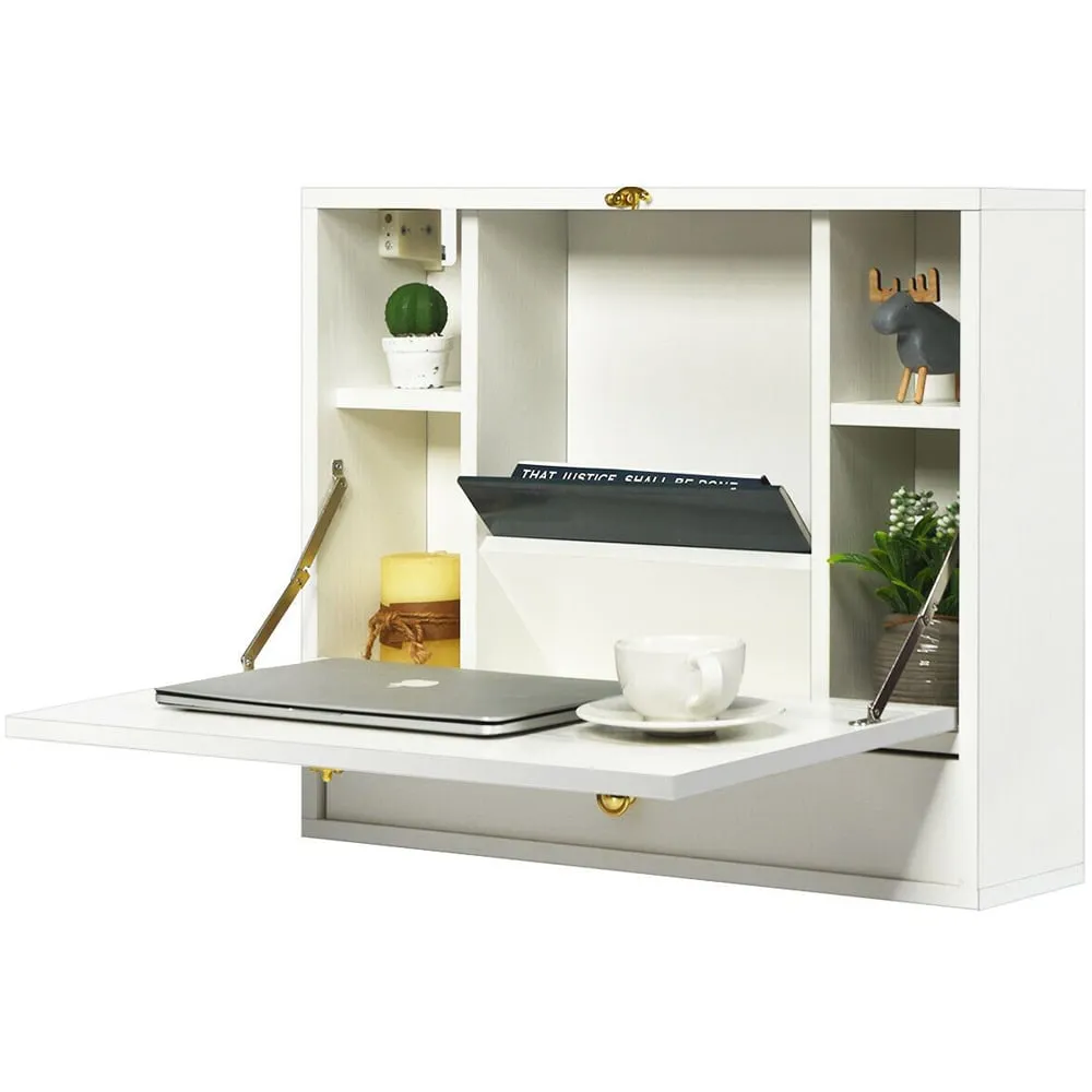 Wall Mounted Foldable Wooden Cabinet with Desk - White
